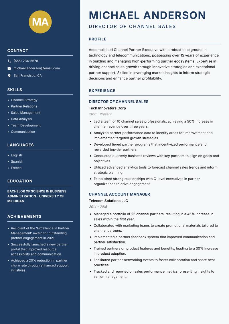 Channel Partner Executive resume sample — Director of Channel Sales focus