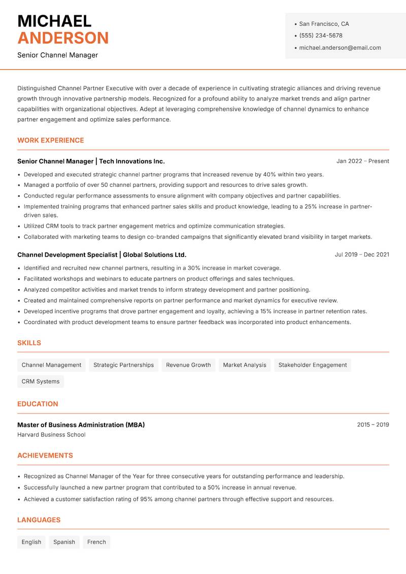 Channel Partner Executive resume sample — Senior Channel Manager focus