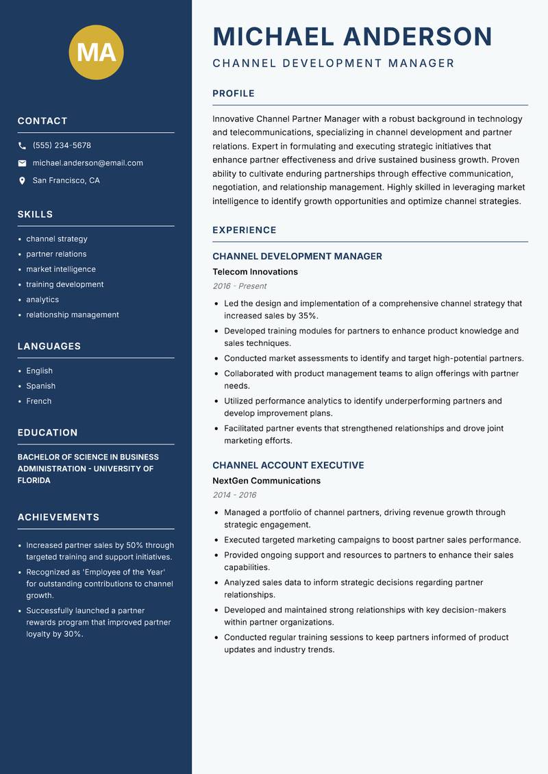 Channel Partner Manager resume sample — Channel Development Manager focus