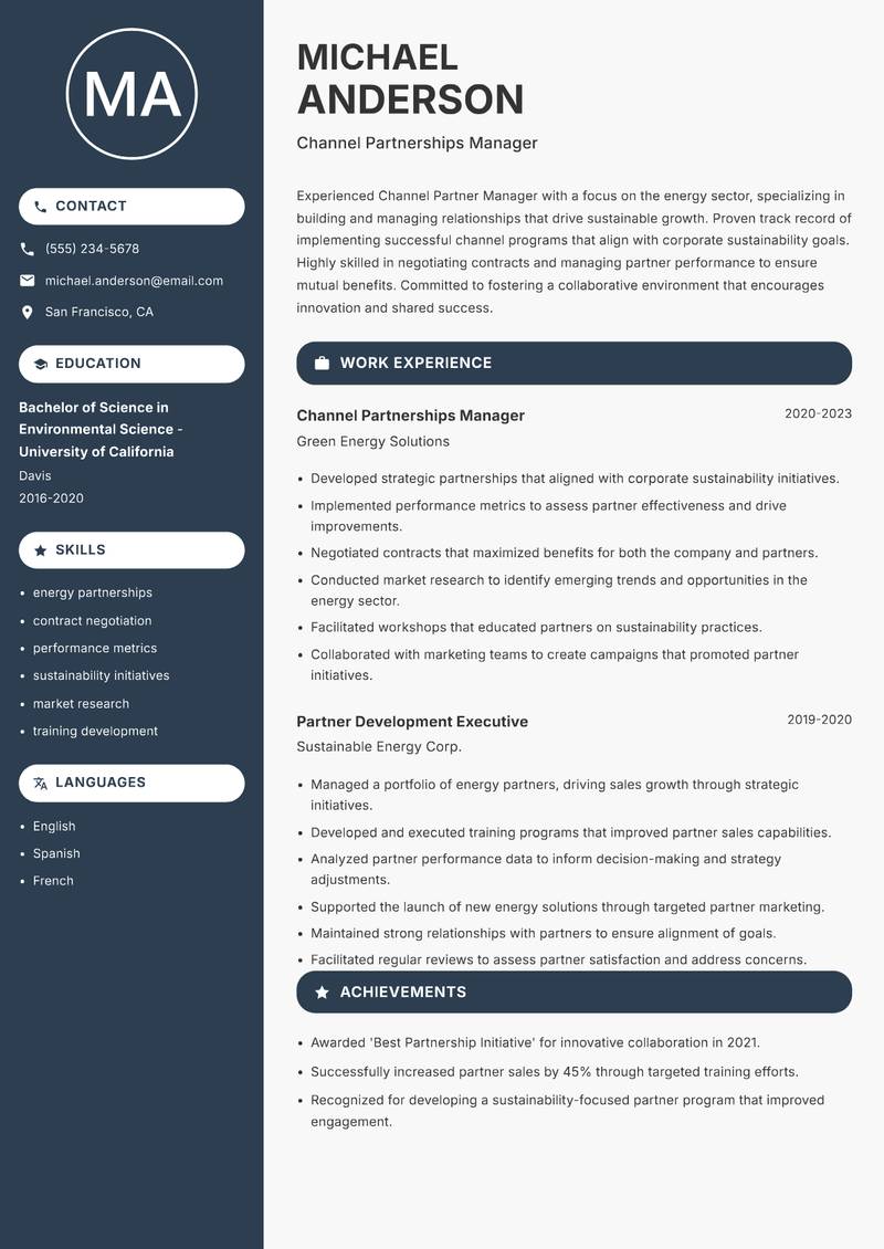 Channel Partner Manager resume sample — Channel Partnerships Manager focus