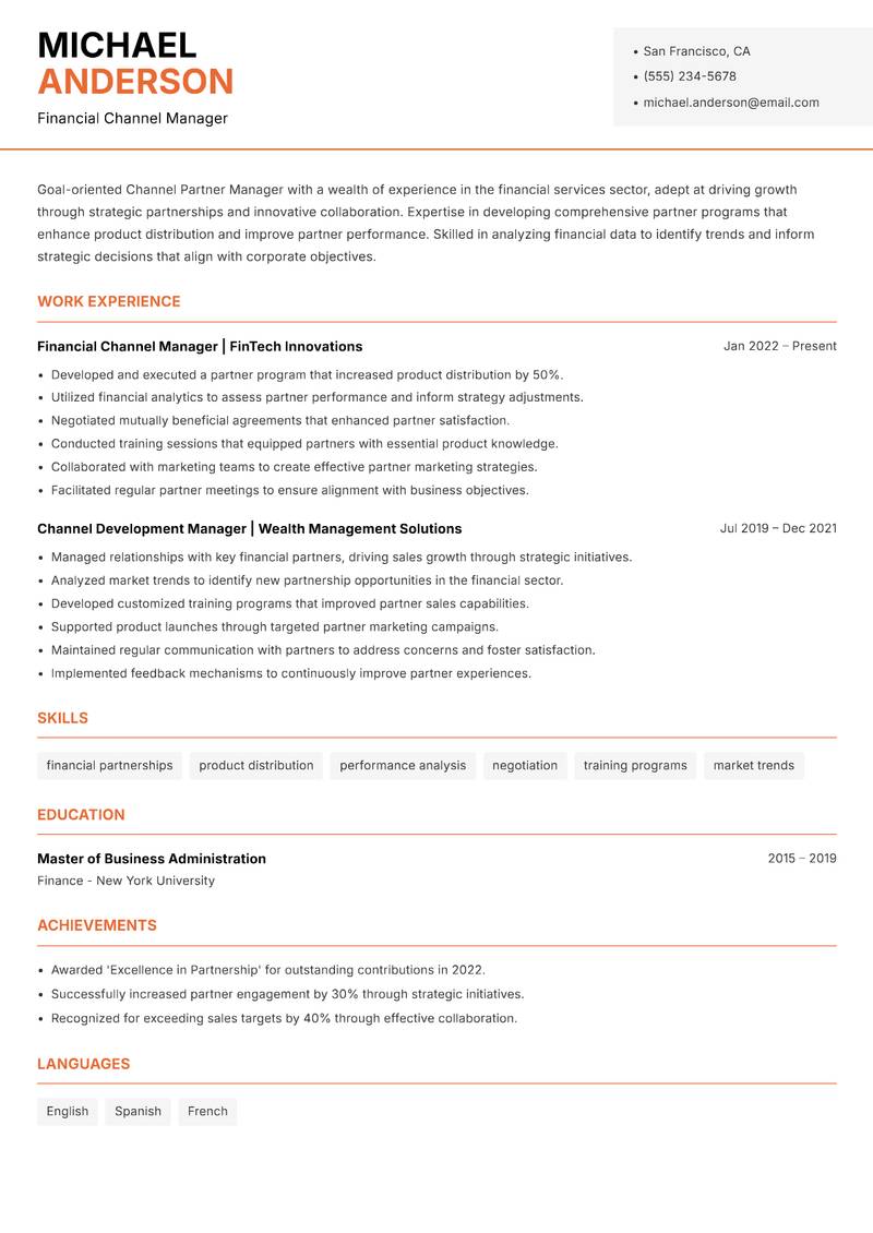 Channel Partner Manager resume sample — Financial Channel Manager focus