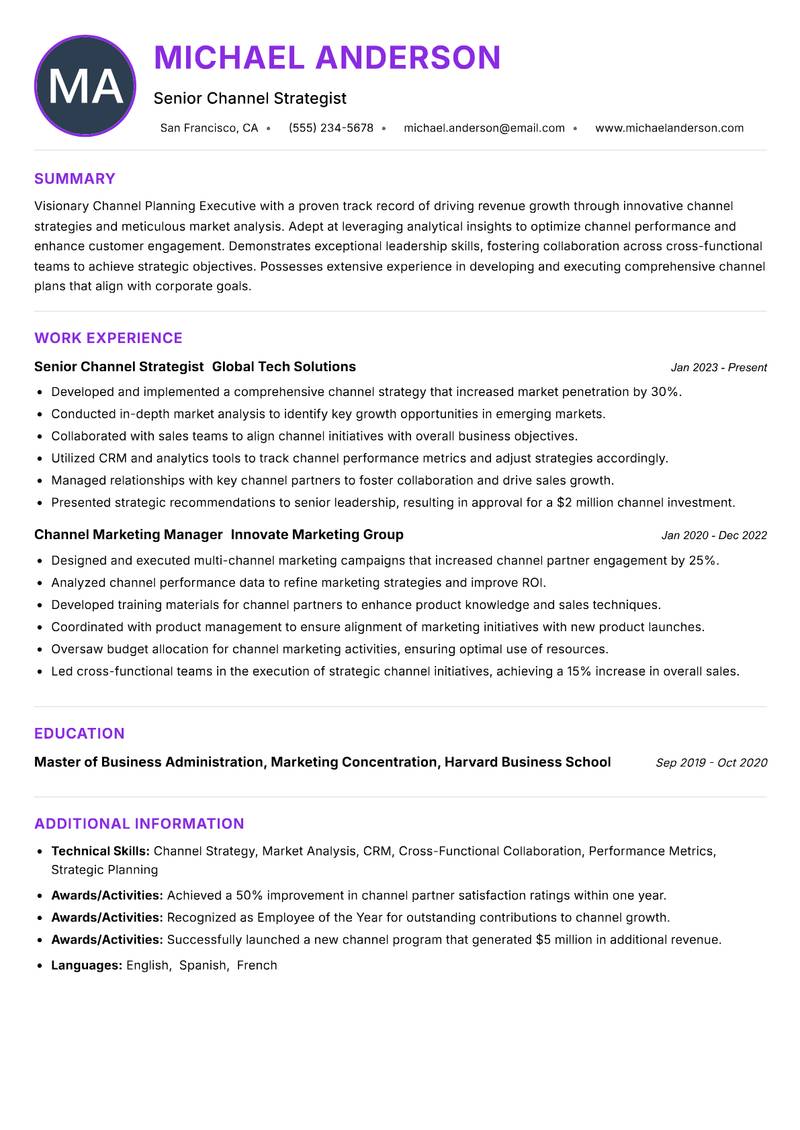 Channel Planning Executive resume example