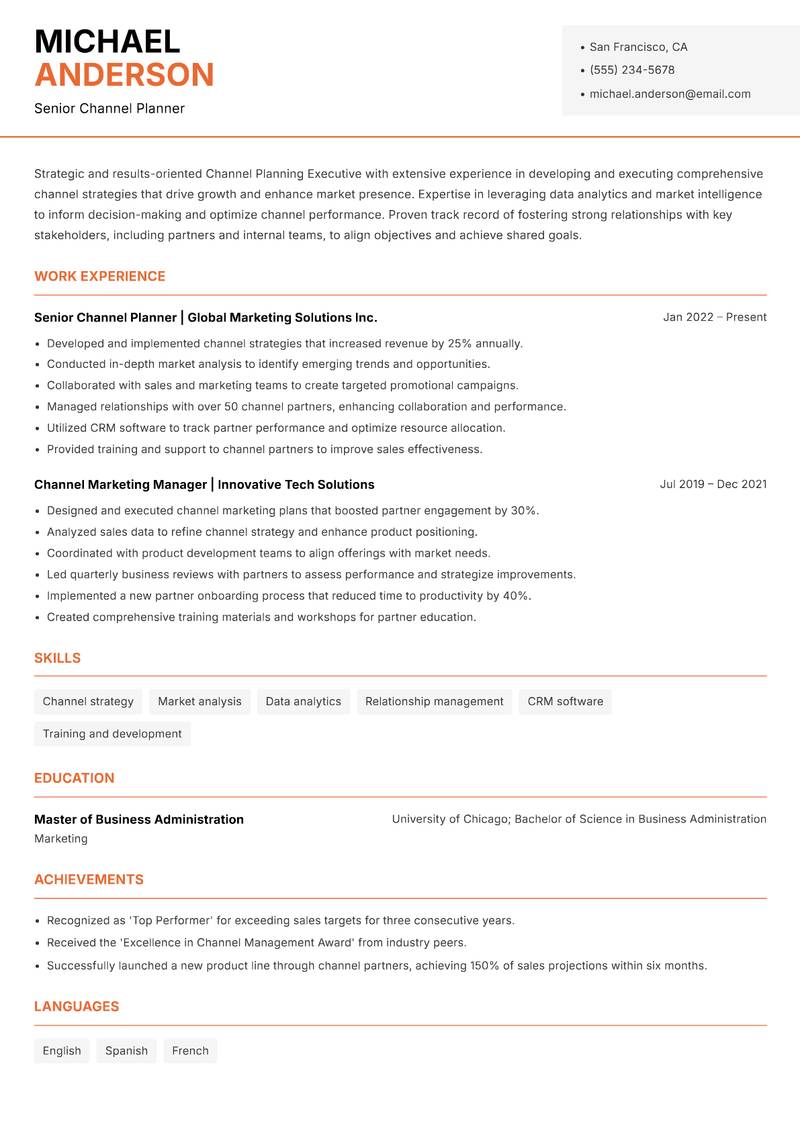 Channel Planning Executive resume sample — Senior Channel Planner focus