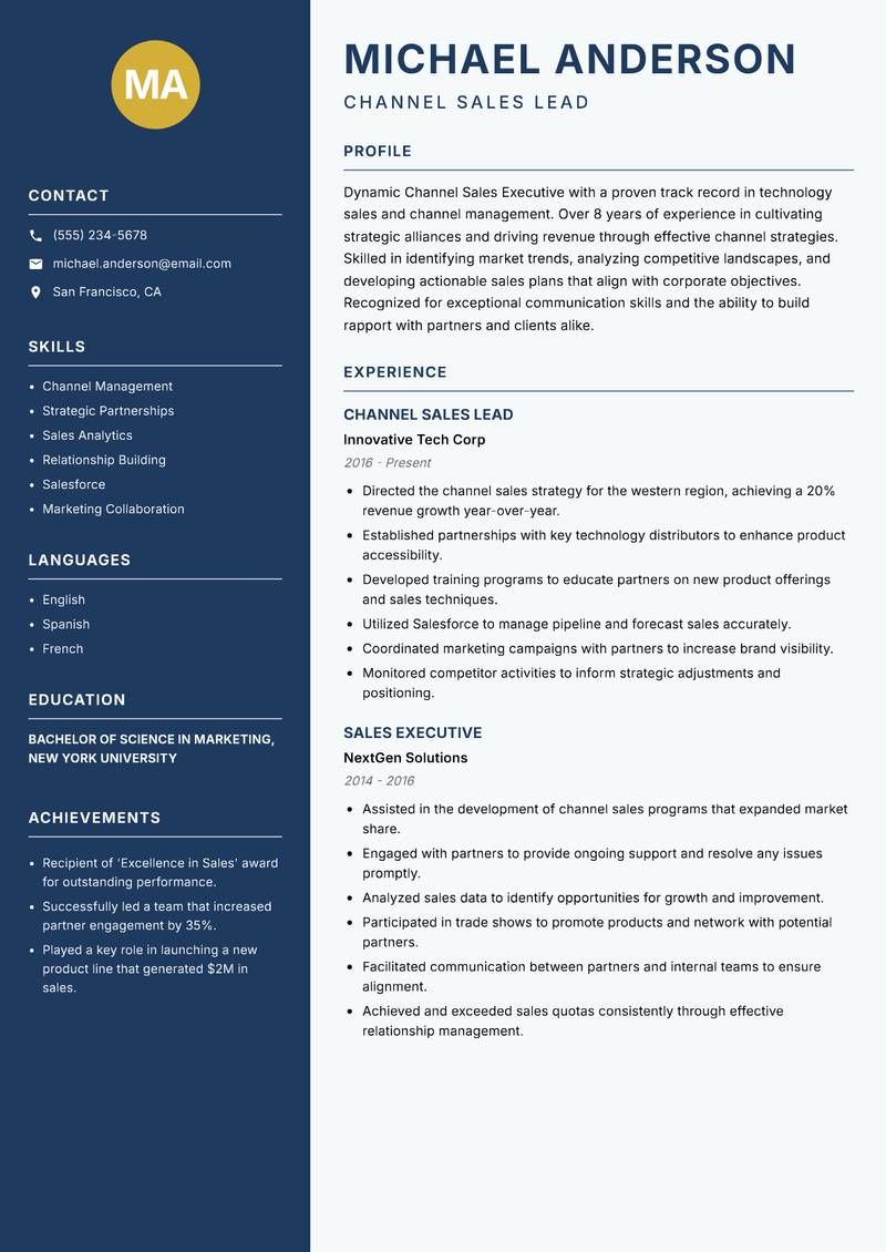 Channel Sales Executive resume sample — Channel Sales Lead focus