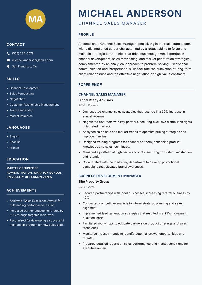 Channel Sales Manager Real Estate resume sample — Channel Sales Manager focus