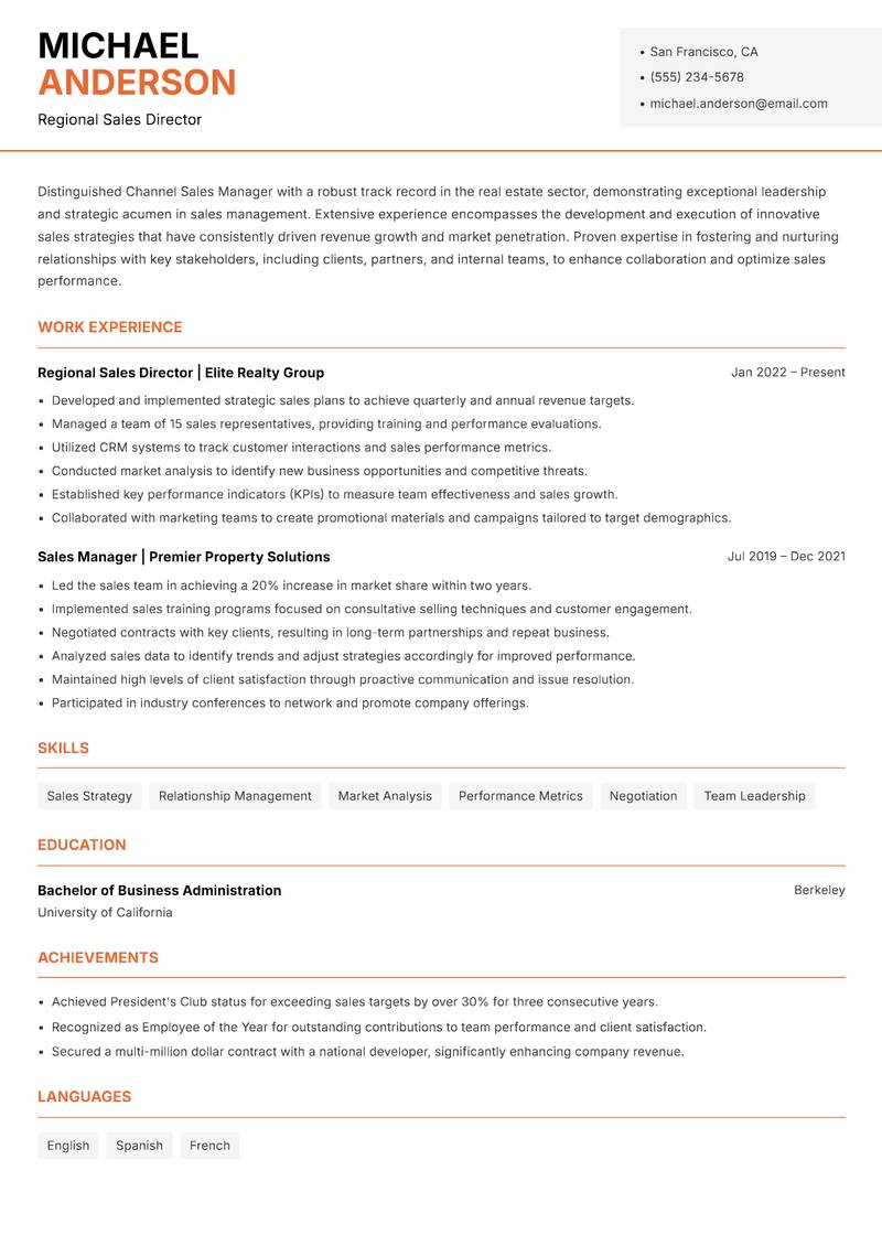 Channel Sales Manager Real Estate resume sample — Regional Sales Director focus
