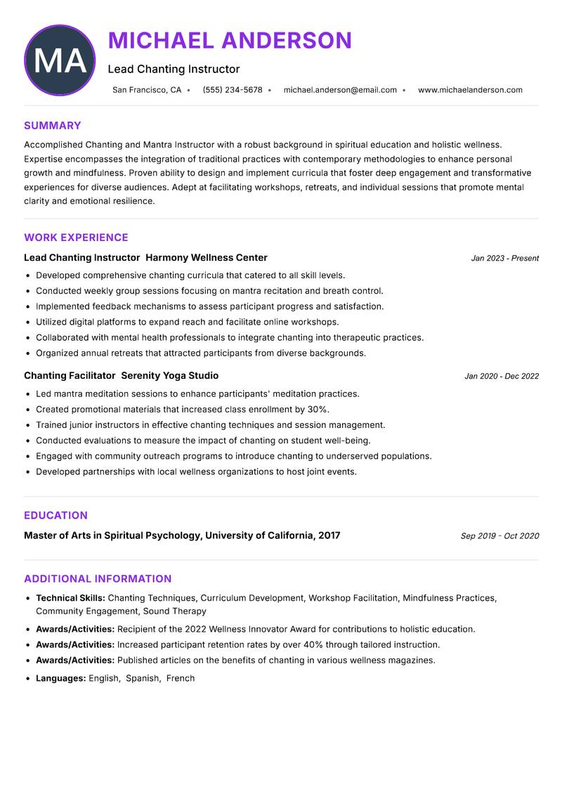 Chanting and Mantra Instructor resume example