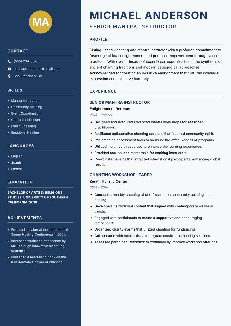 Chanting and Mantra Instructor resume sample — Senior Mantra Instructor focus