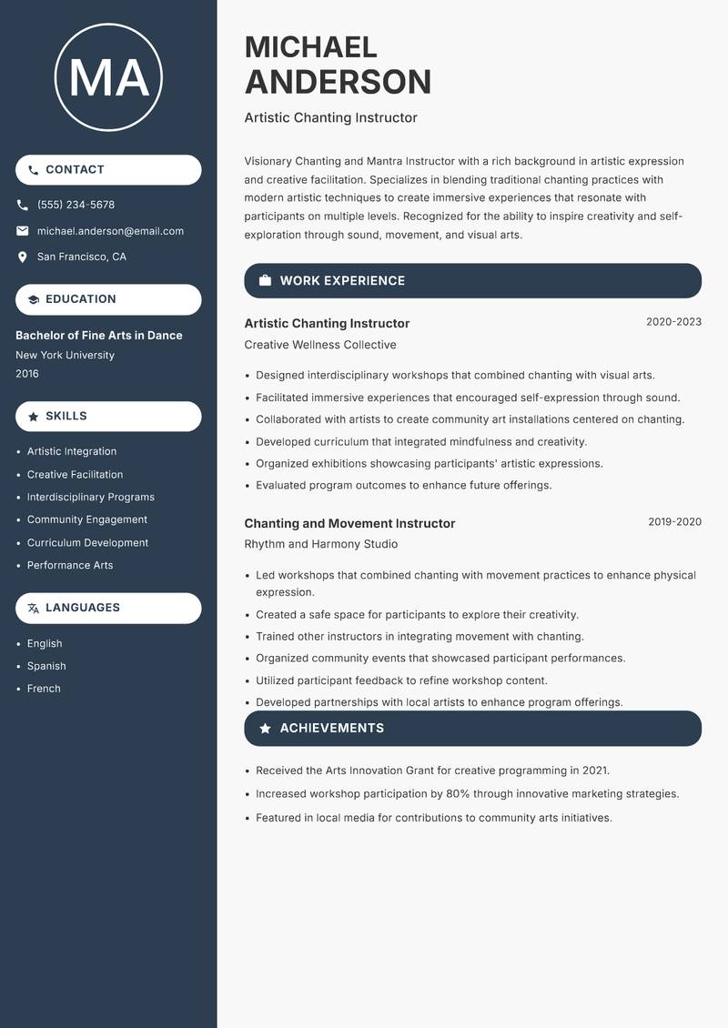 Chanting and Mantra Instructor resume sample — Artistic Chanting Instructor focus