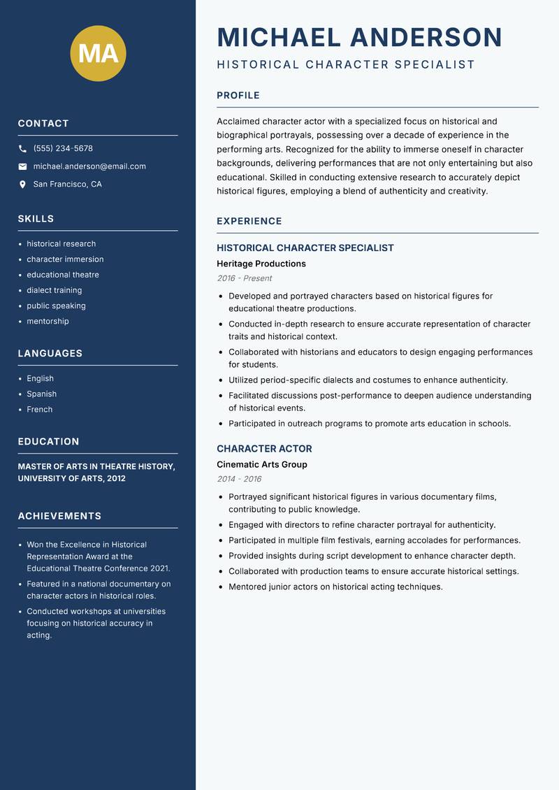 Character Actor resume sample — Historical Character Specialist focus
