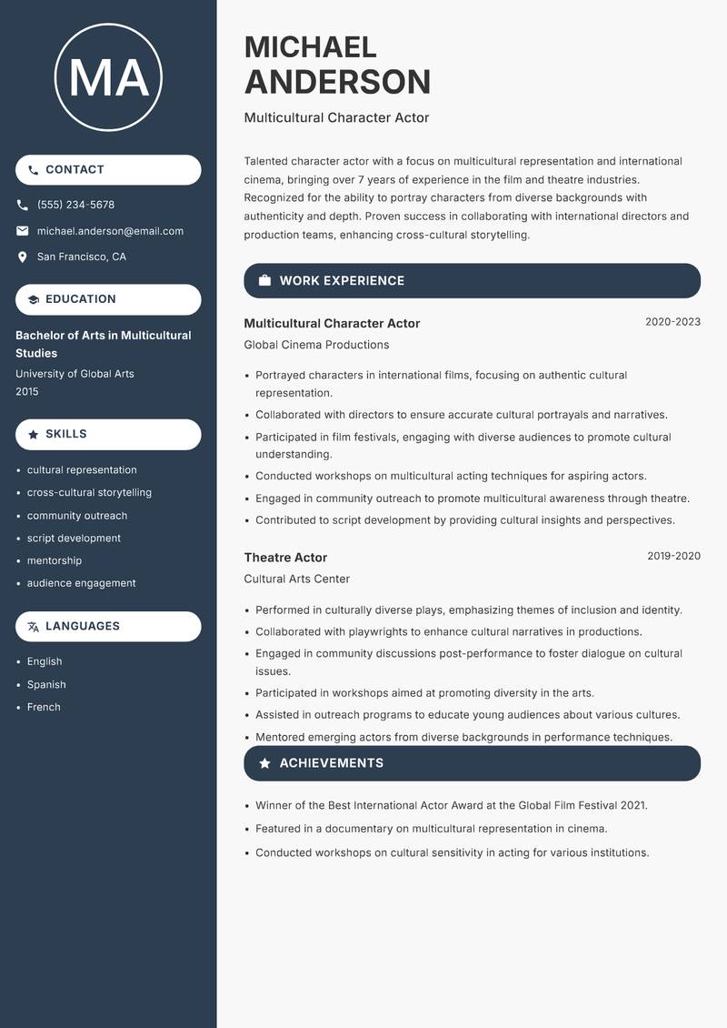 Character Actor resume sample — Multicultural Character Actor focus