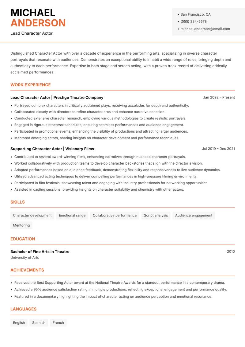 Character Actor resume sample — Lead Character Actor focus