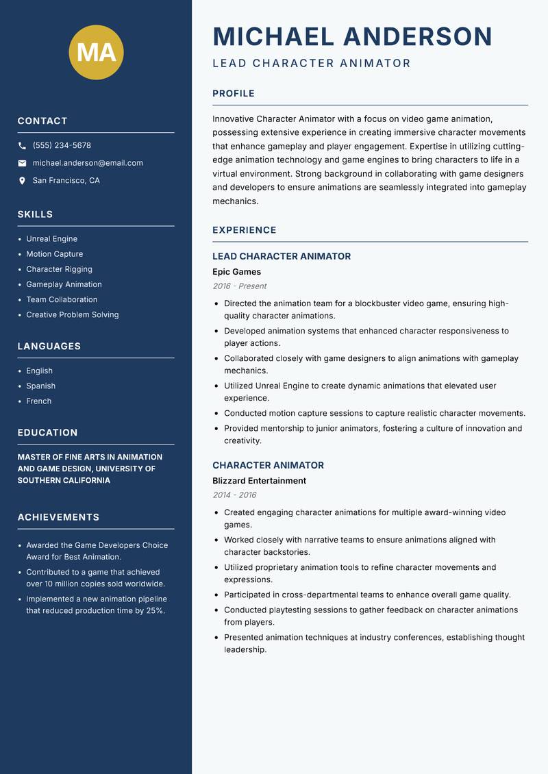 Character Animator resume sample — Lead Character Animator focus
