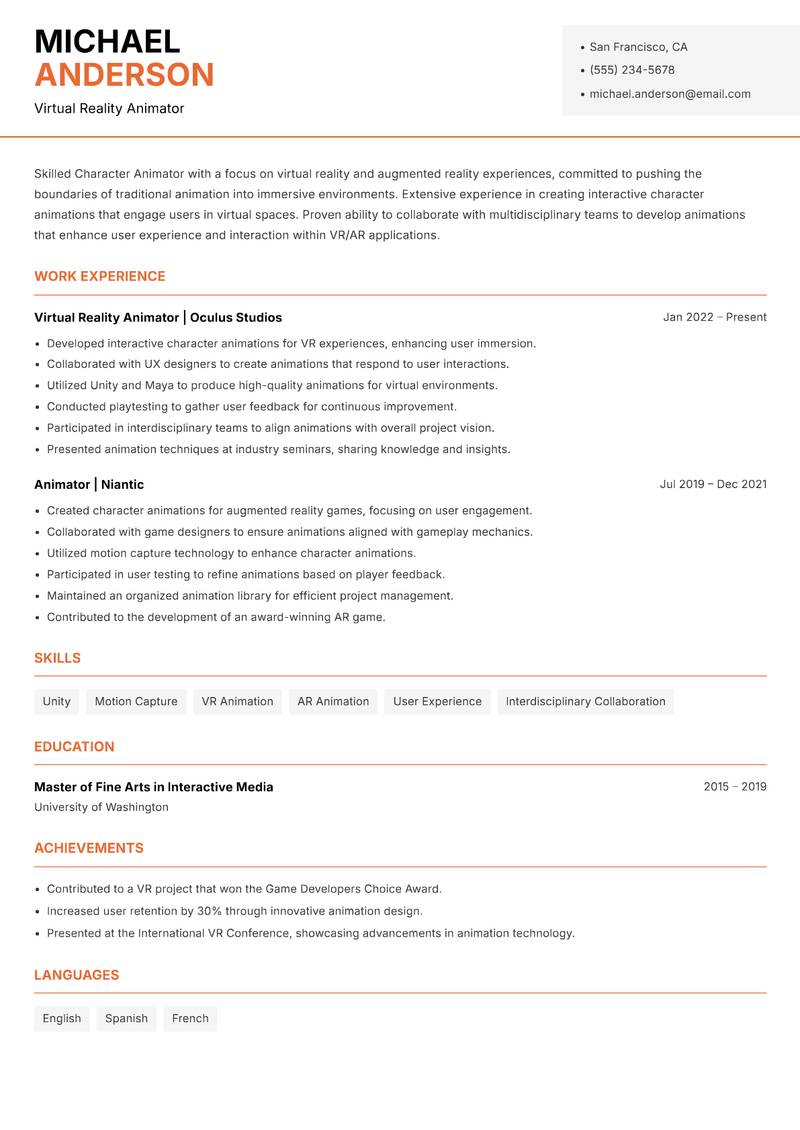 Character Animator resume sample — Virtual Reality Animator focus