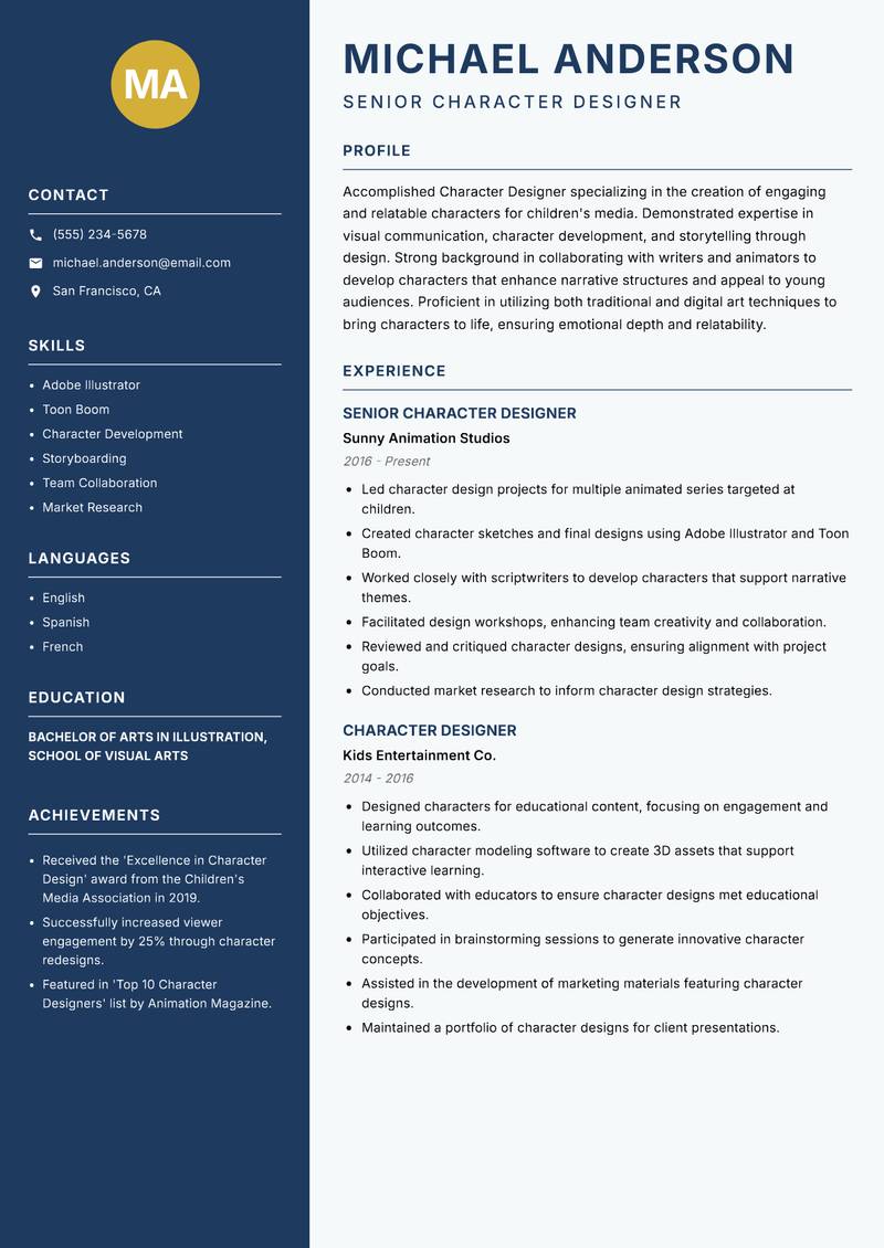 Character Designer resume sample — Senior Character Designer focus