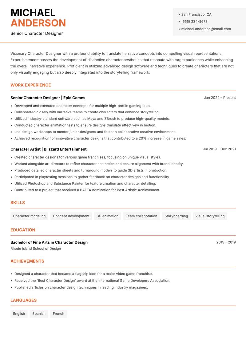 Character Designer resume sample — Senior Character Designer focus