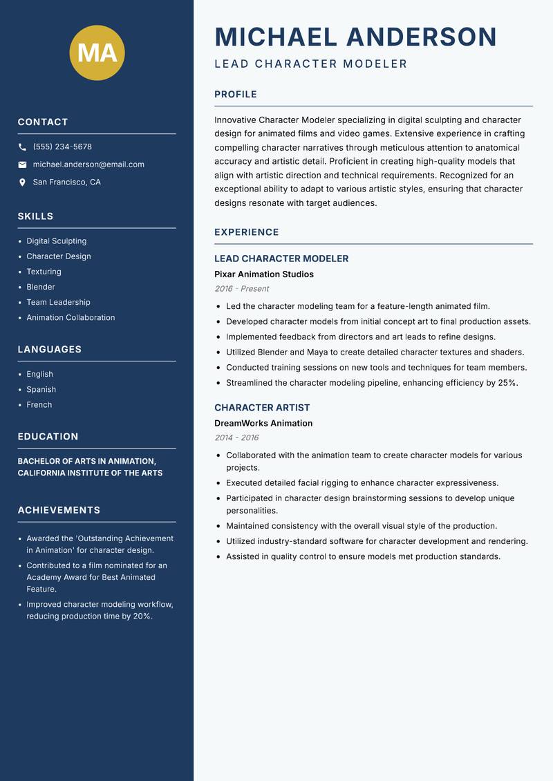 Character Modeler resume sample — Lead Character Modeler focus
