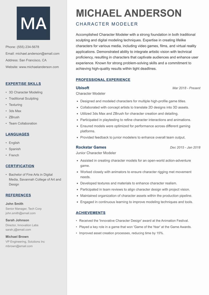 Character Modeler resume sample — Character Modeler focus