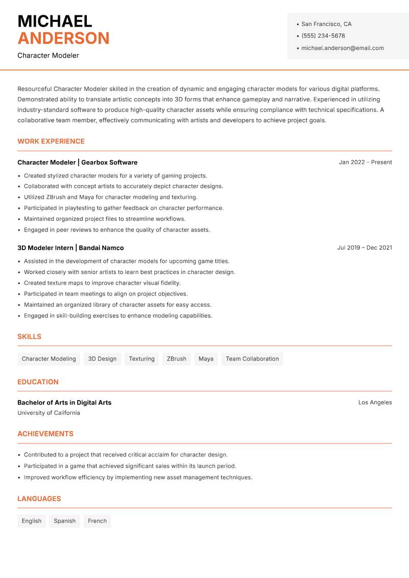 Character Modeler resume sample — Character Modeler focus