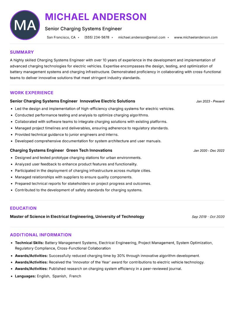 Charging Systems Engineer resume example
