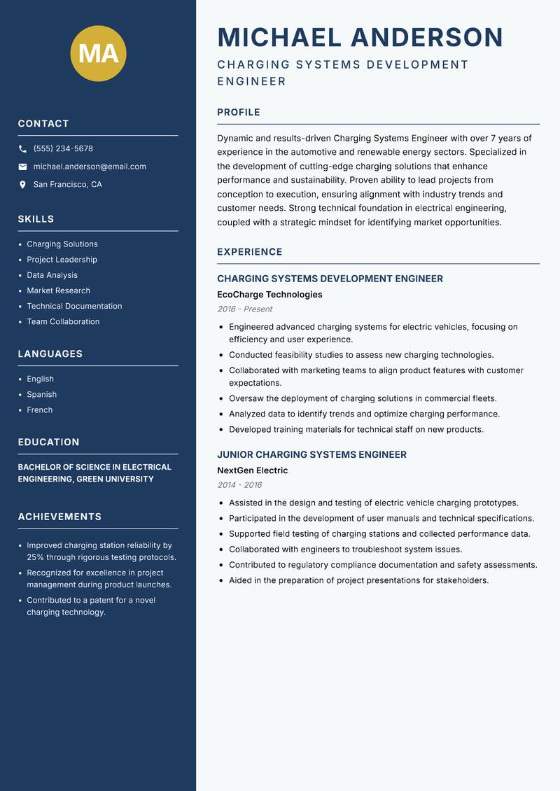 Charging Systems Engineer resume sample — Charging Systems Development Engineer focus