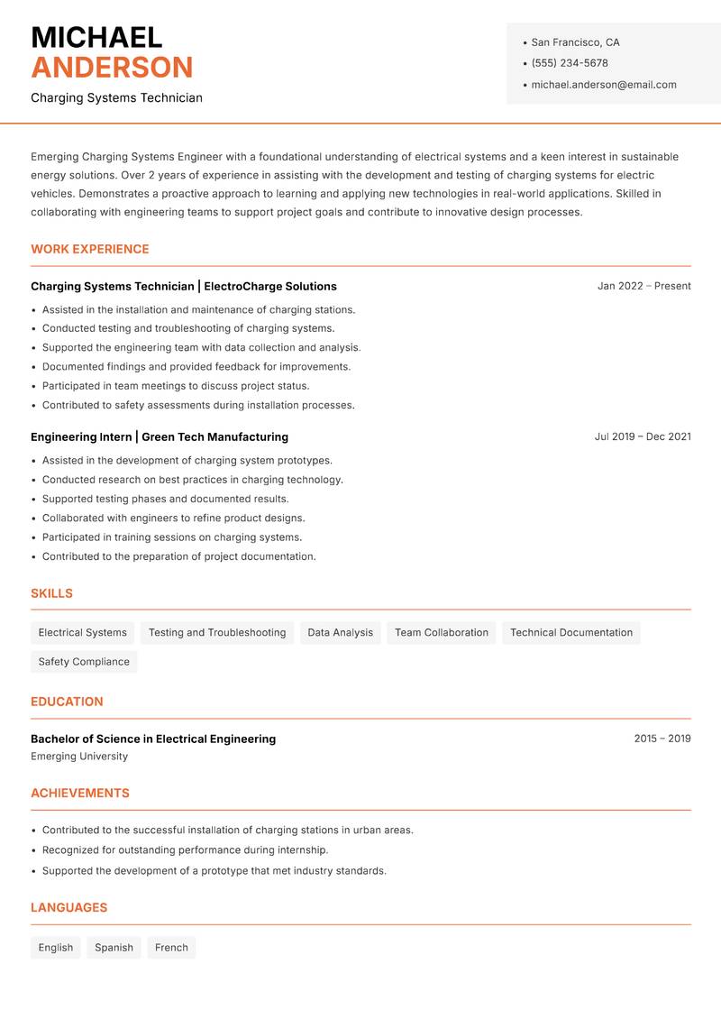 Charging Systems Engineer resume sample — Charging Systems Technician focus