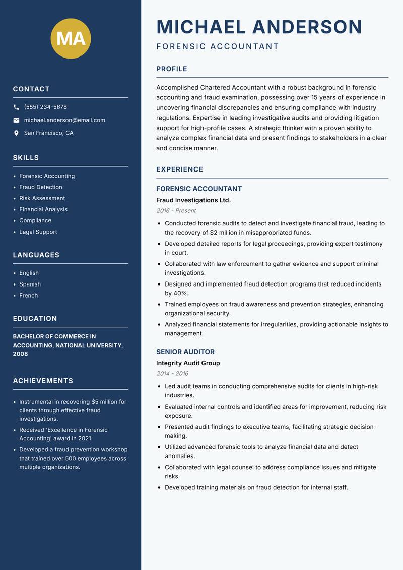 Chartered Accountant resume sample — Forensic Accountant focus