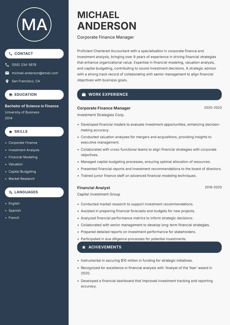 Chartered Accountant resume sample — Corporate Finance Manager focus