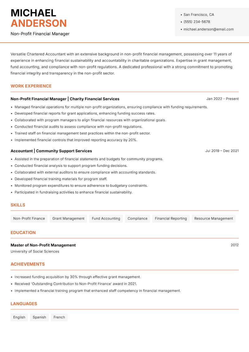 Chartered Accountant resume sample — Non-Profit Financial Manager focus