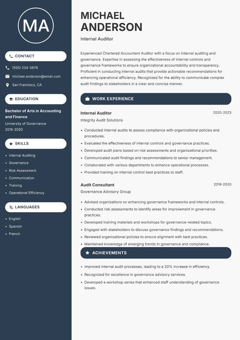 Chartered Accountant Auditor resume sample — Internal Auditor focus