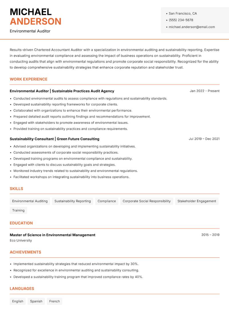 Chartered Accountant Auditor resume sample — Environmental Auditor focus