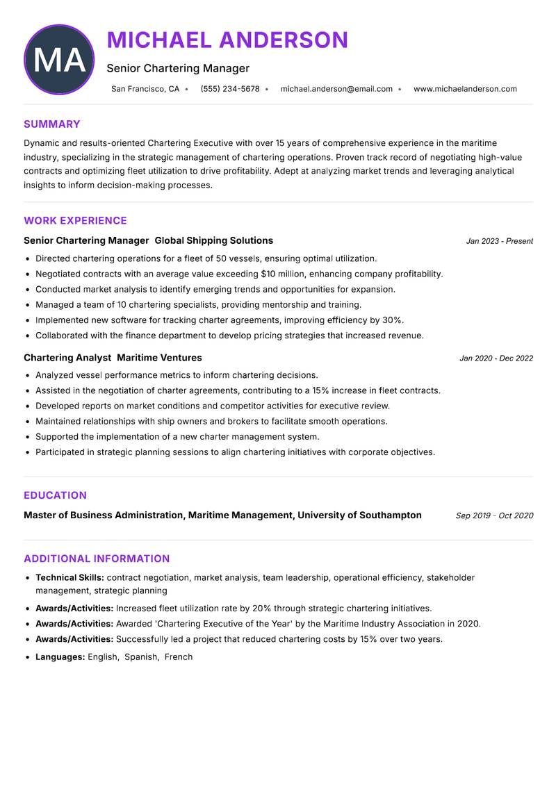 Chartering Executive resume example
