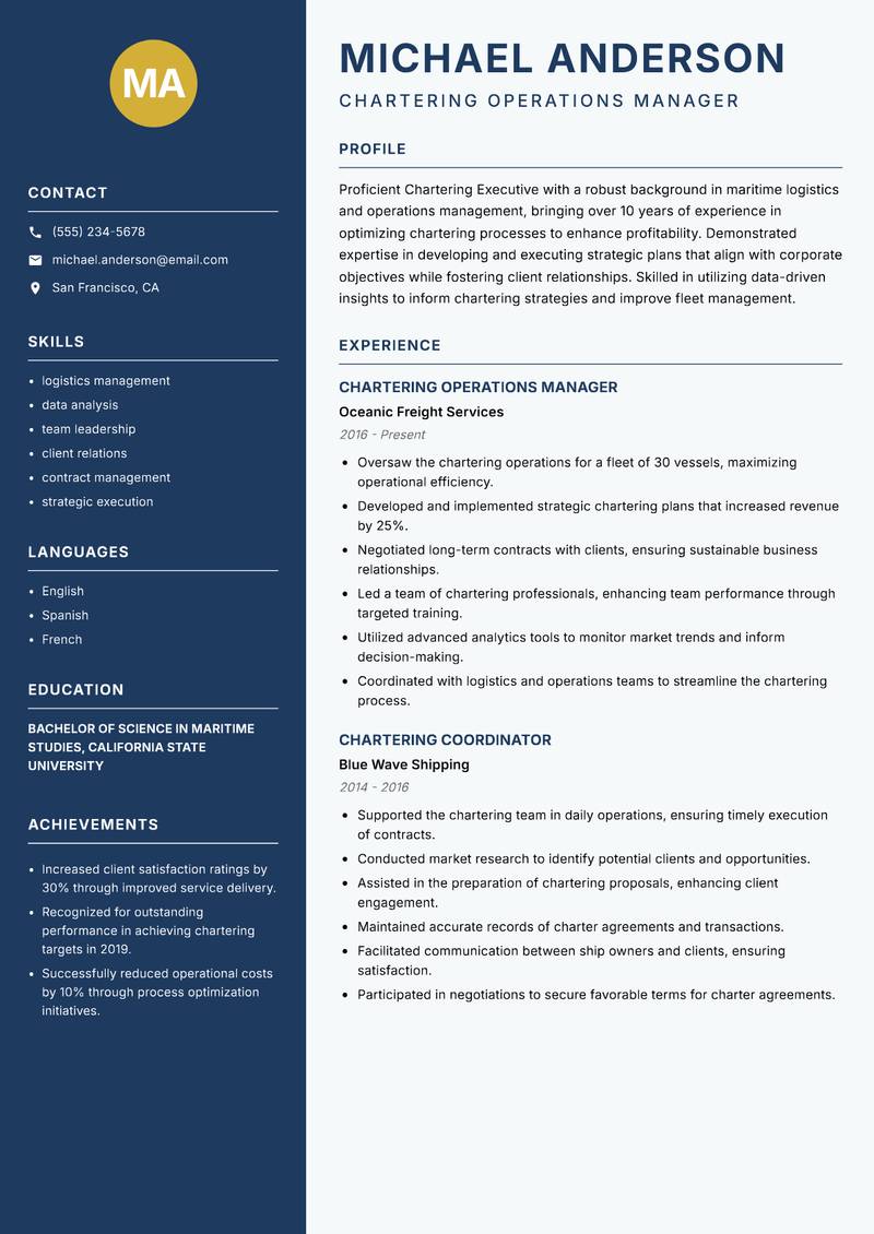 Chartering Executive resume sample — Chartering Operations Manager focus