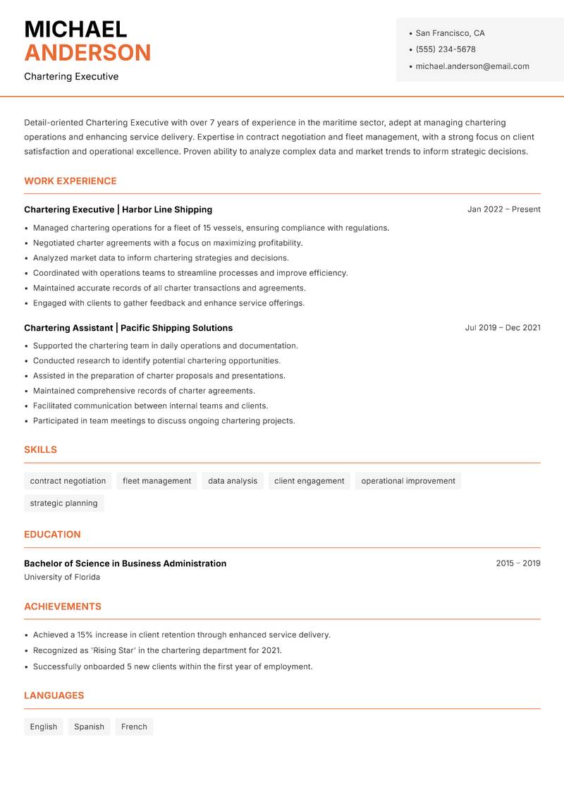 Chartering Executive resume sample — Chartering Executive focus