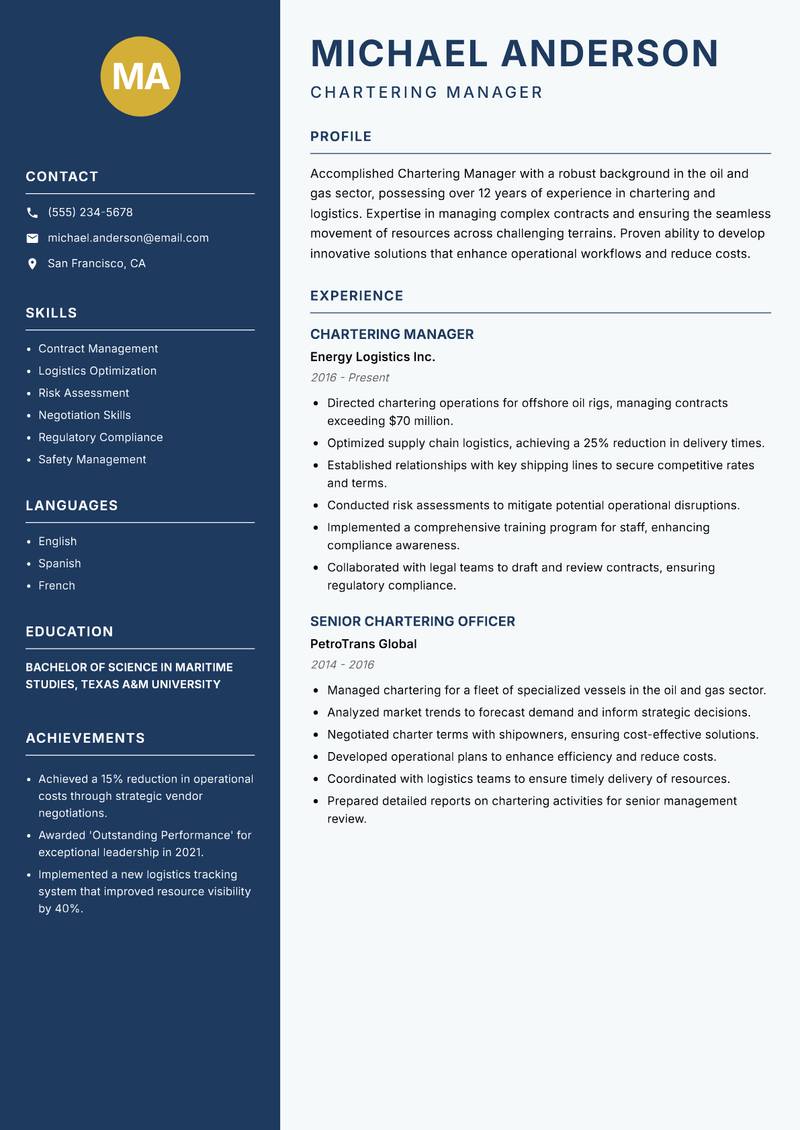 Chartering Manager resume sample — Chartering Manager focus