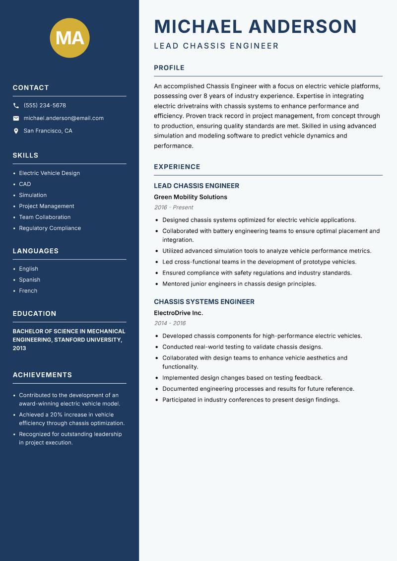 Chassis Engineer resume sample — Lead Chassis Engineer focus