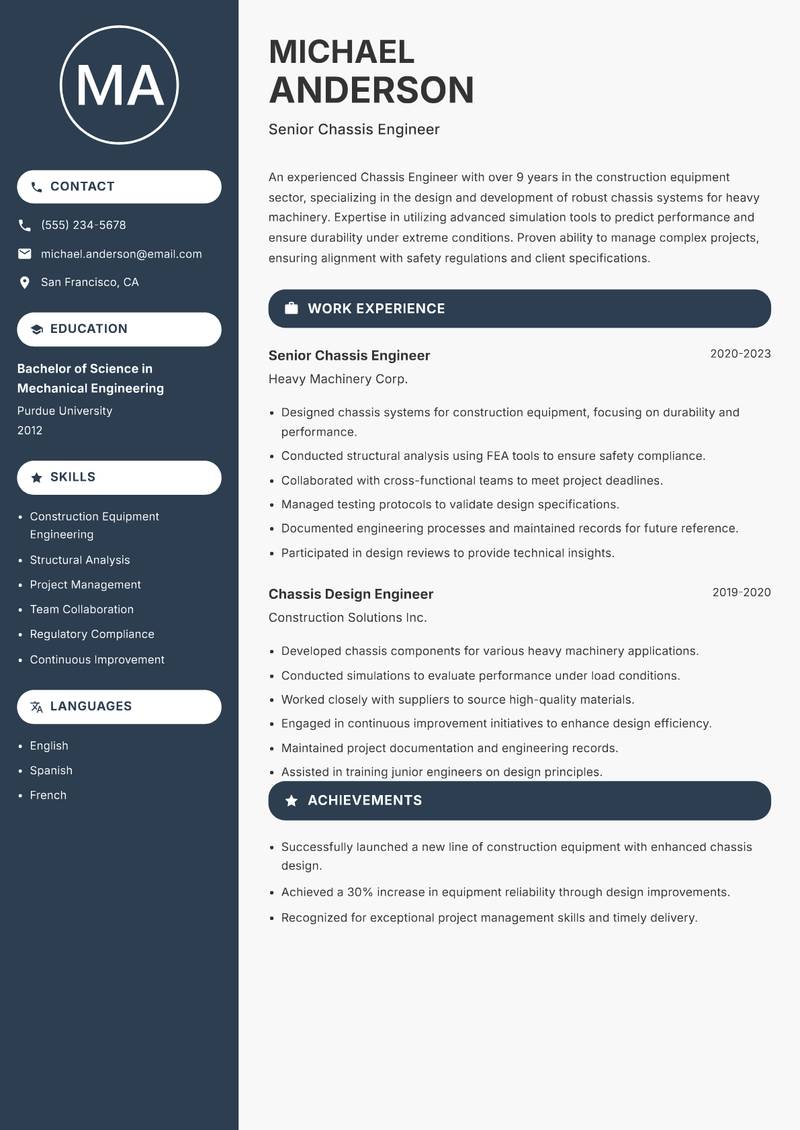 Chassis Engineer resume sample — Senior Chassis Engineer focus