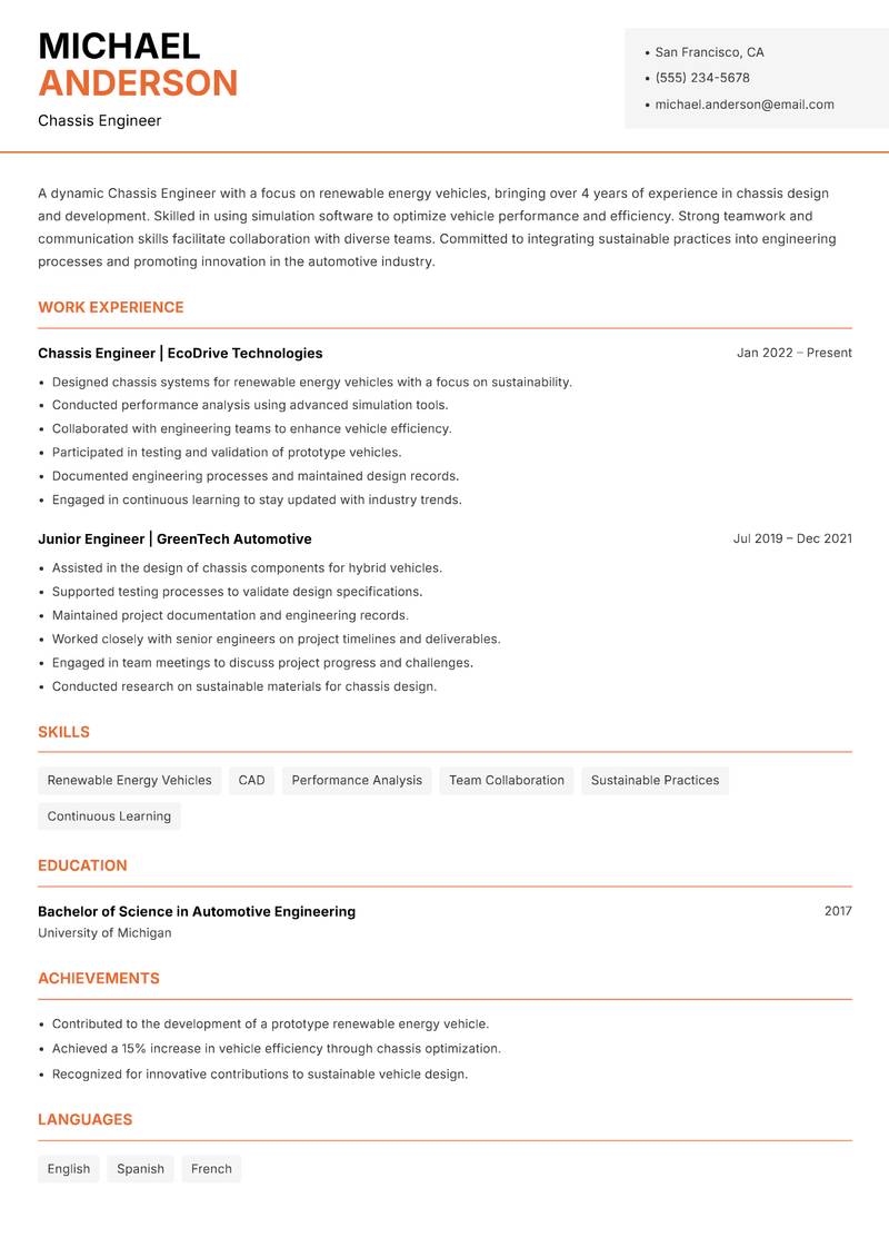 Chassis Engineer resume sample — Chassis Engineer focus
