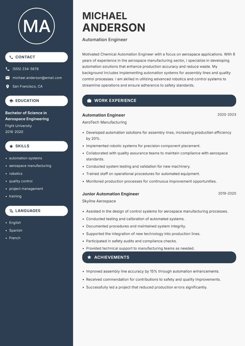 Chemical Automation Engineer resume sample — Automation Engineer focus