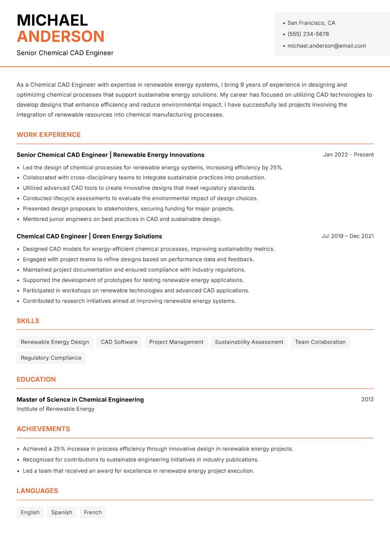 Chemical CAD Engineer resume sample — Senior Chemical CAD Engineer focus