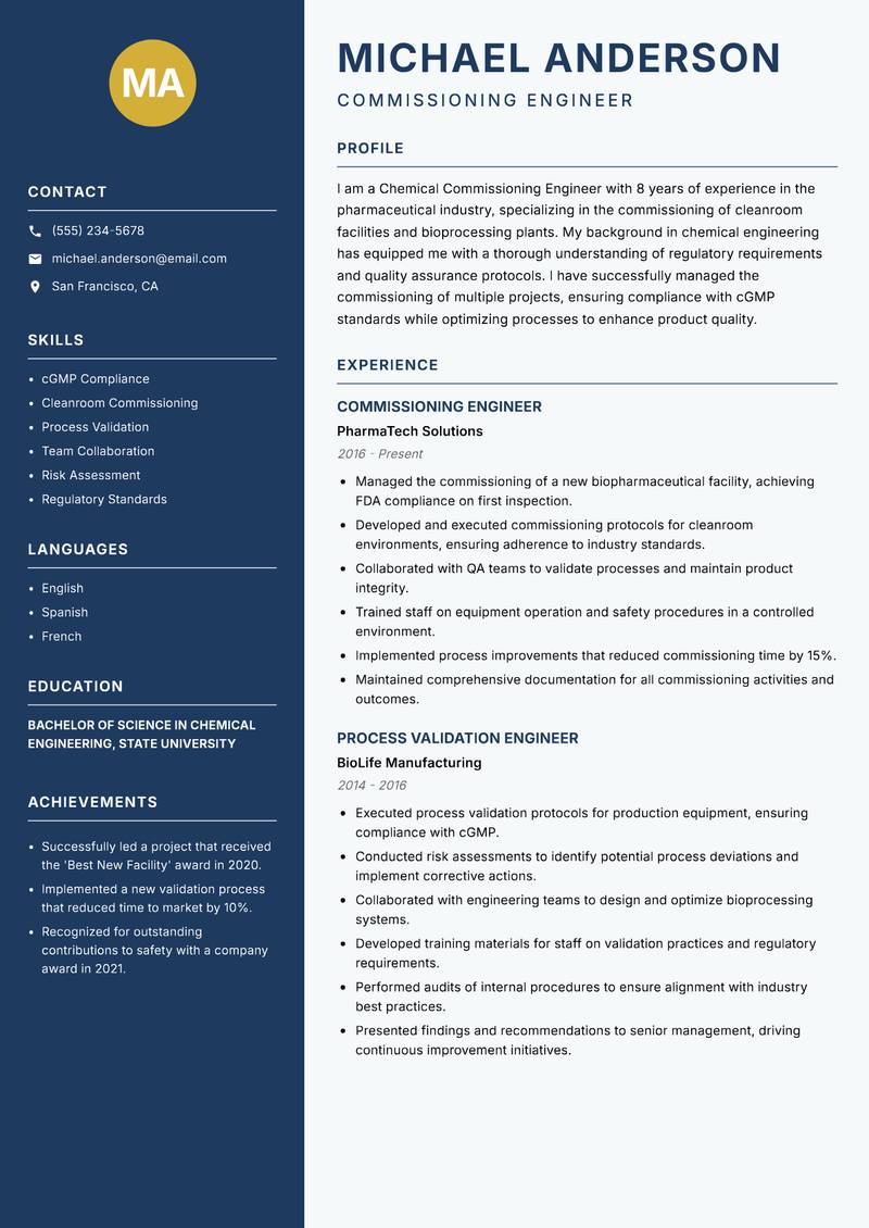 Chemical Commissioning Engineer resume sample — Commissioning Engineer focus