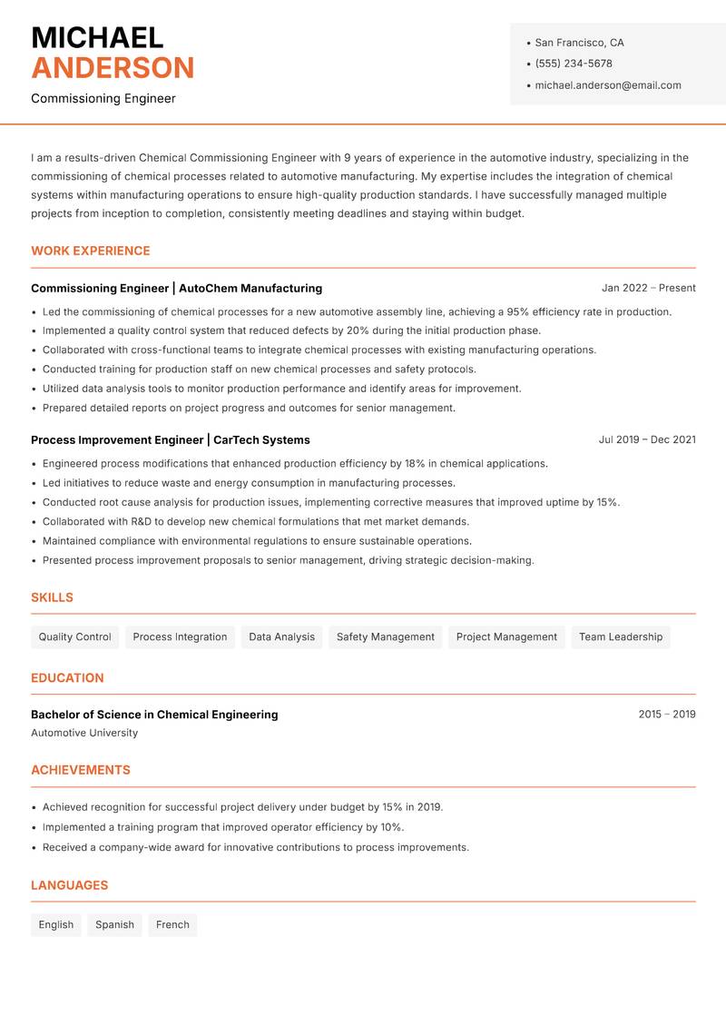 Chemical Commissioning Engineer resume sample — Commissioning Engineer focus