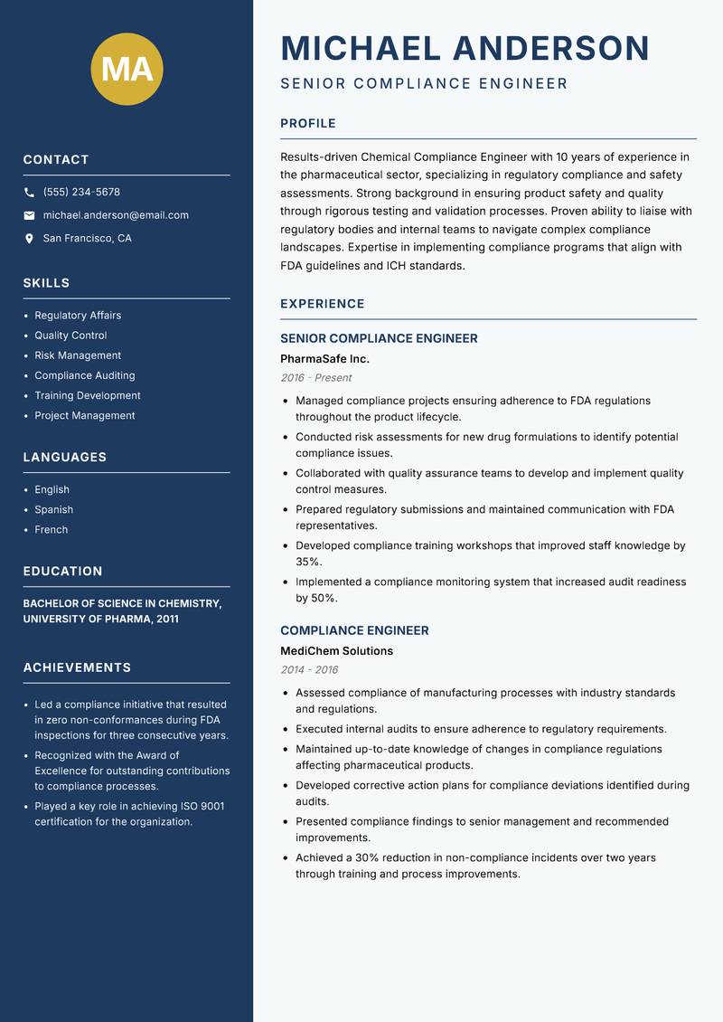 Chemical Compliance Engineer resume sample — Senior Compliance Engineer focus