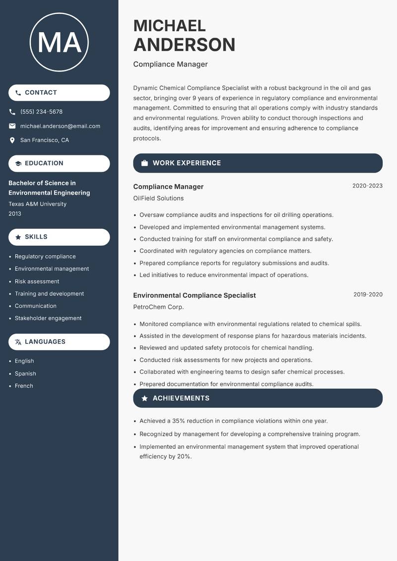 Chemical Compliance Specialist resume sample — Compliance Manager focus