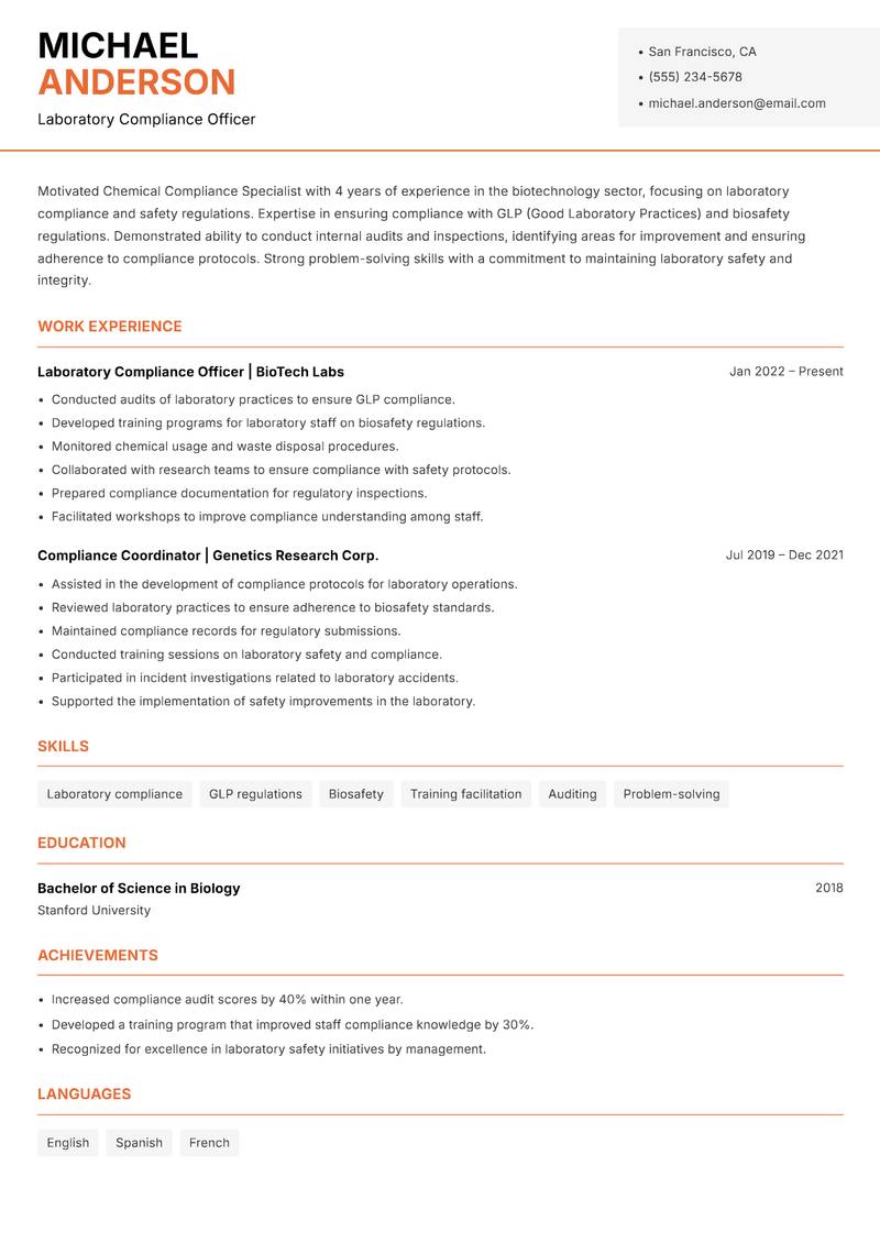 Chemical Compliance Specialist resume sample — Laboratory Compliance Officer focus
