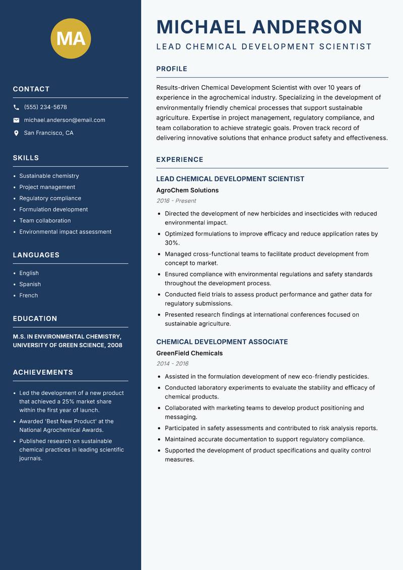 Chemical Development Scientist resume sample — Lead Chemical Development Scientist focus