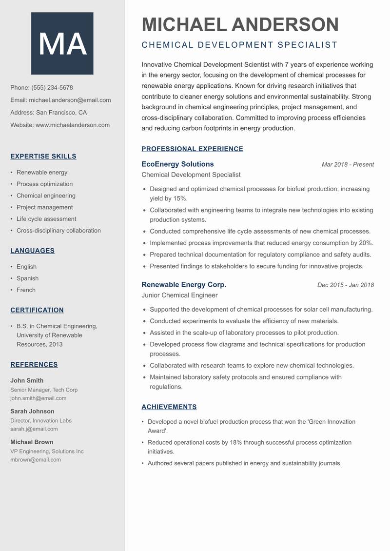 Chemical Development Scientist resume sample — Chemical Development Specialist focus