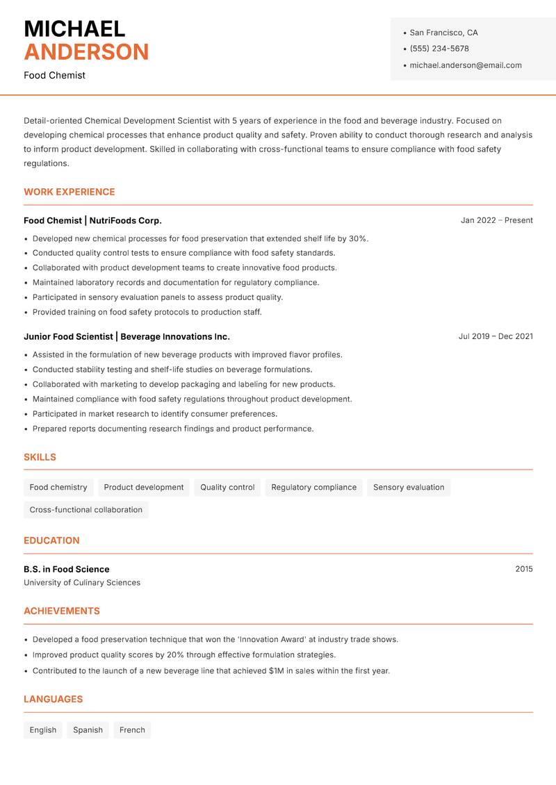 Chemical Development Scientist resume sample — Food Chemist focus