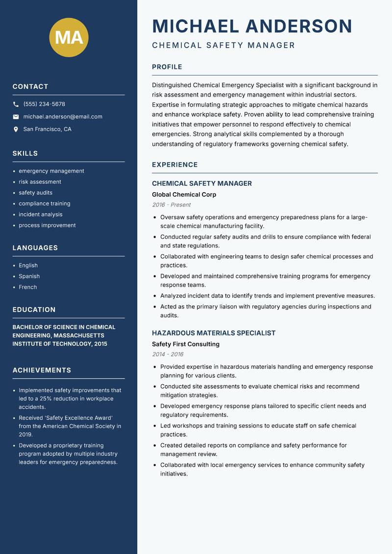 Chemical Emergency Specialist resume sample — Chemical Safety Manager focus