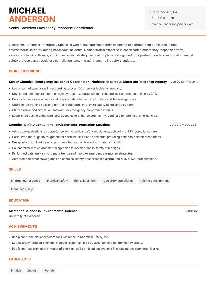 Chemical Emergency Specialist resume sample — Senior Chemical Emergency Response Coordinator focus